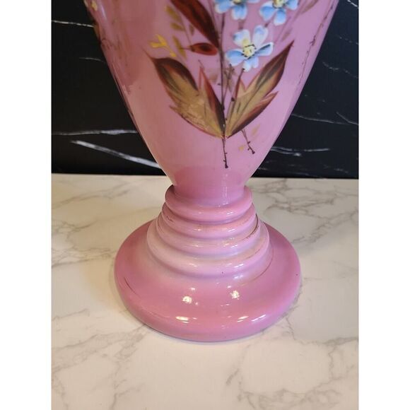 Lg Antique Harrach Bohemian Czech Pink Opaline Overlay Vase Flowers & Bees 14” - Picture 3 of 16
